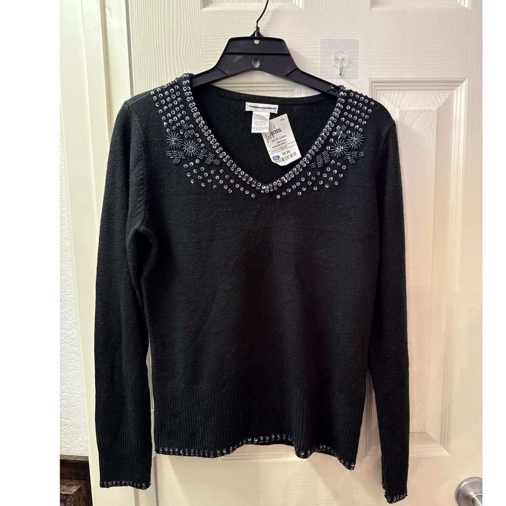 Worthington Womens Sequin Beaded Sweater Black Small Acrylic Pullover V-Neck